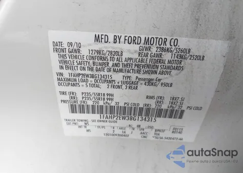 2011 Ford Taurus Sel from USA, damaged, VIN 1FAHP2EW3BG134315